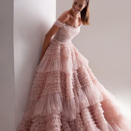 Bridal Wedding One Line Neck Lacquer Mesh Dress