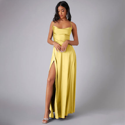 Women's Elegant Backless Split Maxi Dress – High Waist V-Neck Belted Gown