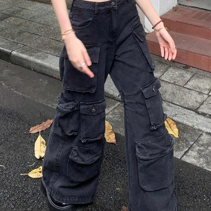Retro Black Multi-pocket Cargo Pants Women's Loose Jeans