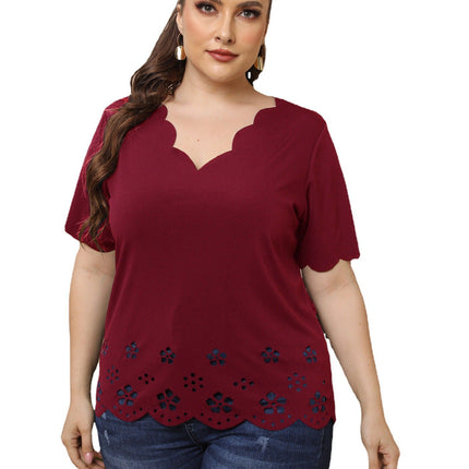 Ladies Plus Size Burnt Floral Hollow Out Wavy Deep V T-Shirt