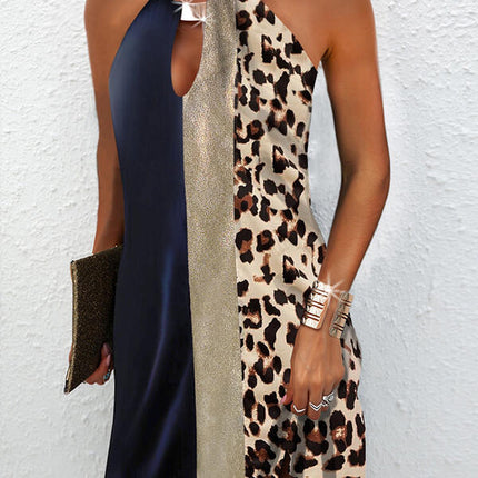 Leopard Print Sleeveless Back Metal Halter Dress