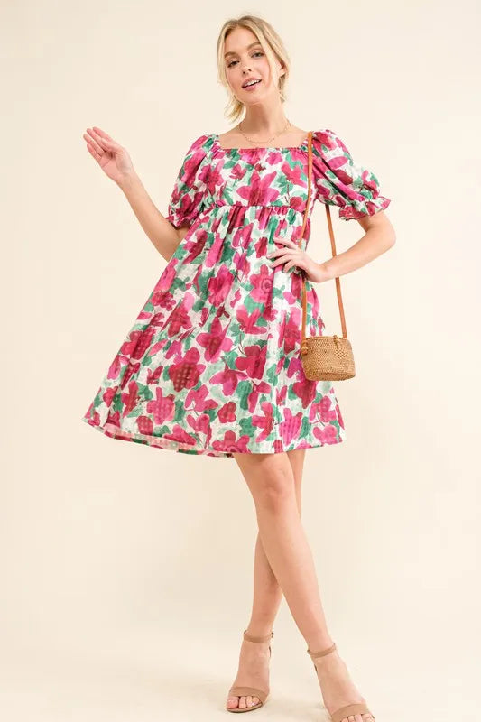 And The Why Smocked Floral Ruffle Short Sleeve Mini Dress
