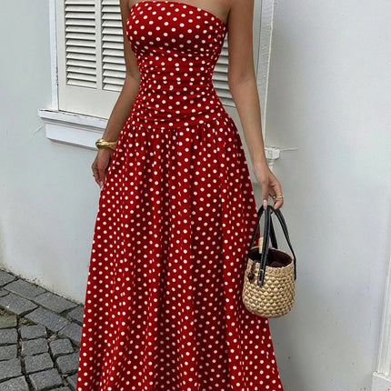 Elegant Off-Shoulder Polka Dot Dress – Strapless High-Waist Style