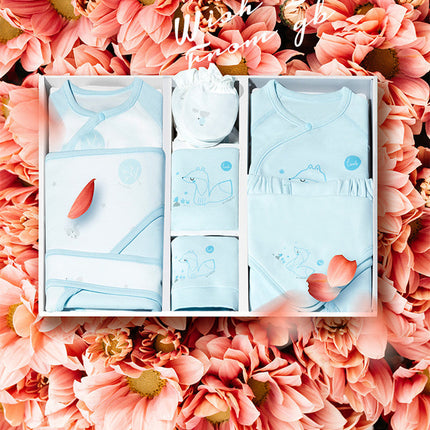 Premium Light Blue Newborn Baby Clothes Gift Box | 100% Soft Cotton Essential Infant Layette Set with Fox Illustrations