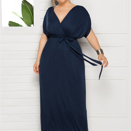 Plus Size Solid Color V-Neck Loose Swing Dress