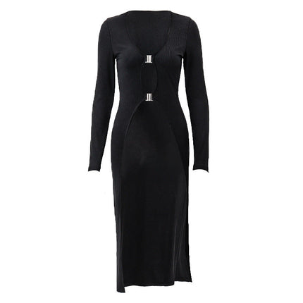 Sexy Black V-neck Low-cut Metal Buckle long summer Cardigan