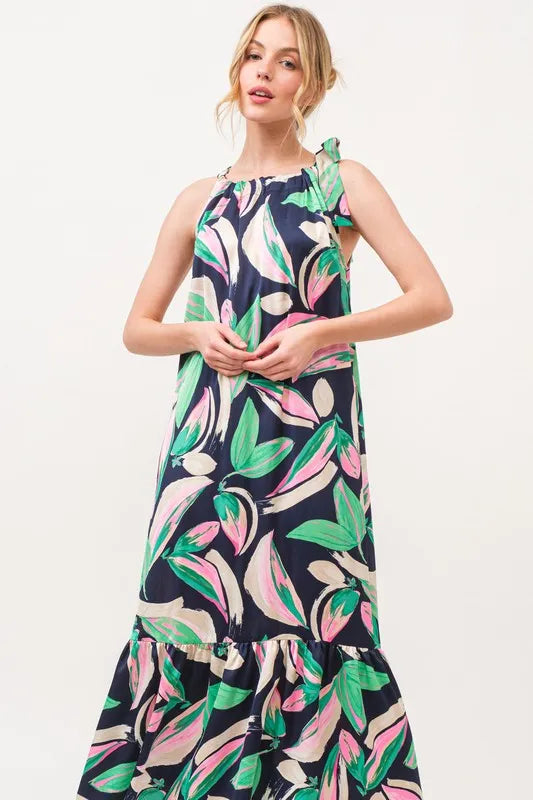 And The Why Botanical Printed Halterneck Tiered Maxi Dress