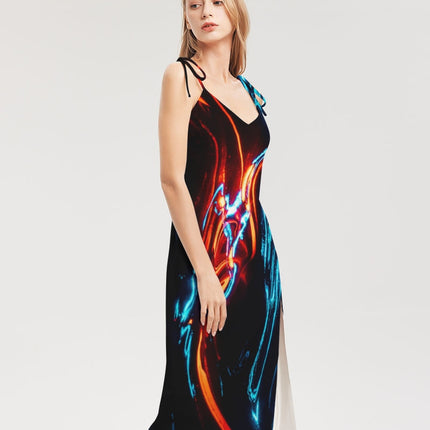 ELECTRICLY BLUE AND RED DESIGN BY FLIPSTYLEZ Women's All-Over Print Tie Strap Split Dress