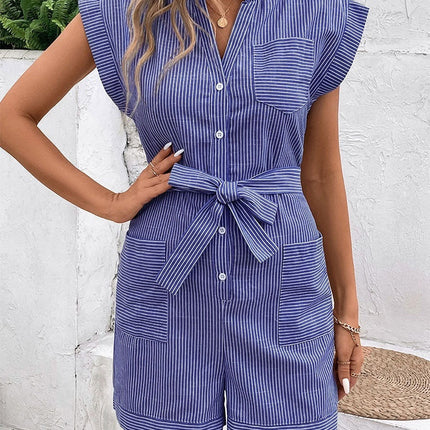 Hot Summer Leisure Commute Jumpsuit Pinstripe Short Sleeve One-piece Shorts