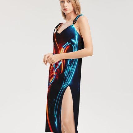 ELECTRICLY BLUE AND RED DESIGN BY FLIPSTYLEZ Women's All-Over Print Tie Strap Split Dress
