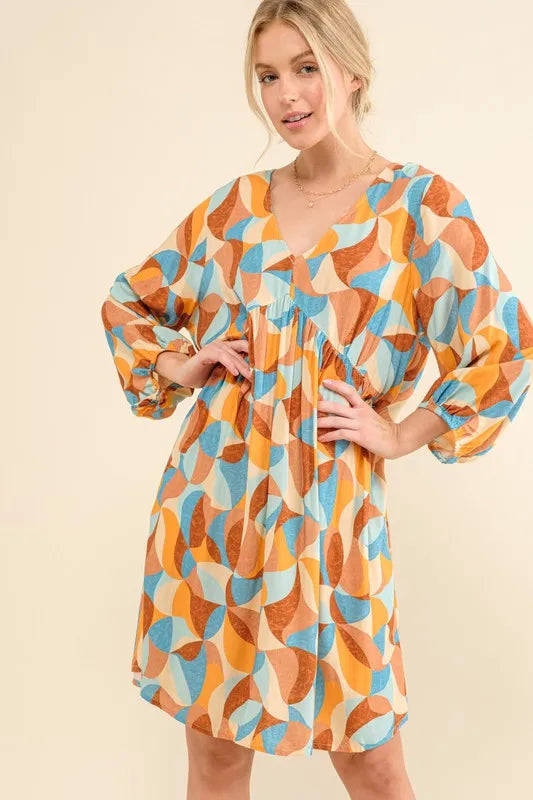 And The Why Printed Open Back Puff Sleeve Casual Dress