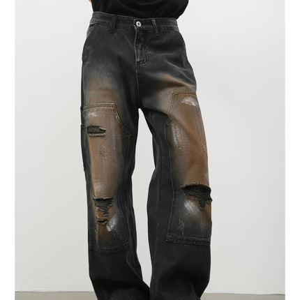 Street Retro Jeans Men's Loose Hole Straight-leg Trousers