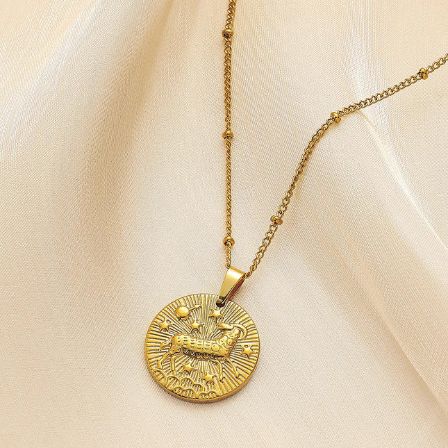 Stainless Steel Round Twelve Constellation Coin Relief Necklace