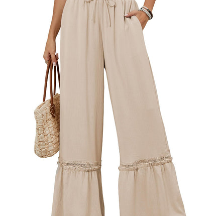 Solid Color High Waist Casual Pants Women's Drawstring Wide Leg Pants