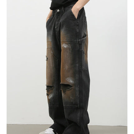 Street Retro Jeans Men's Loose Hole Straight-leg Trousers
