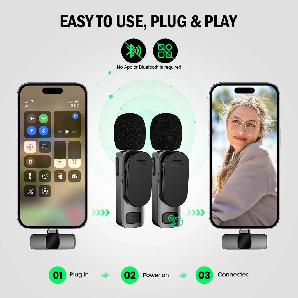2-Pack Wireless Lavalier Microphones for iPhone, Android, and iPad Vlogging, Streaming, and Clear Voice Recording