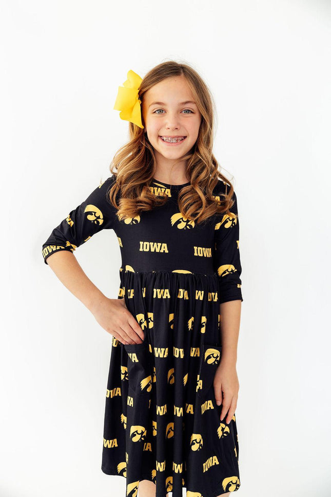 Iowa Black Tigerhawk 3/4 Sleeve Pocket Twirl Dress