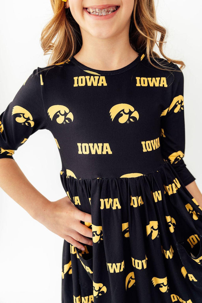 Iowa Black Tigerhawk 3/4 Sleeve Pocket Twirl Dress