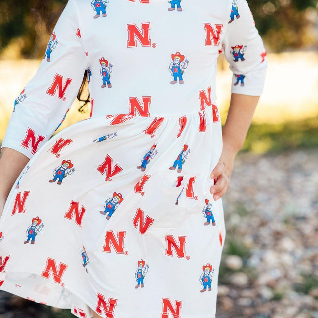 Nebraska White Herbie Husker 3/4 Sleeve Pocket Twirl Dress