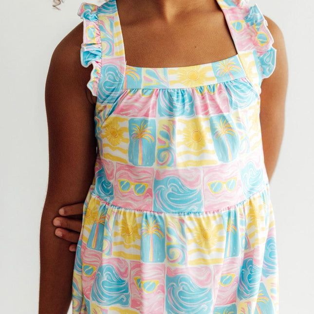 Tropical Summer Ruffle Cross Back Dress