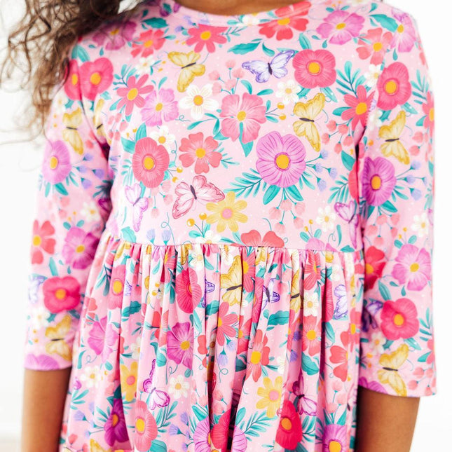 Fluttering Garden 3/4 Sleeve Pocket Twirl Dress