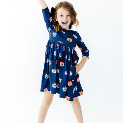 Auburn Blue Aubie 3/4 Sleeve Pocket Twirl Dress