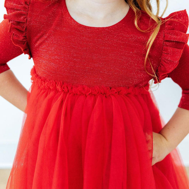 Red Shimmer 3/4 Sleeve Tutu Dress