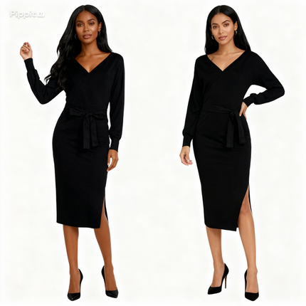 new SEXY RED Autumn And Winter Knitted Slim Double V-Neck FALL Sweater DRESS FOR WOMEN