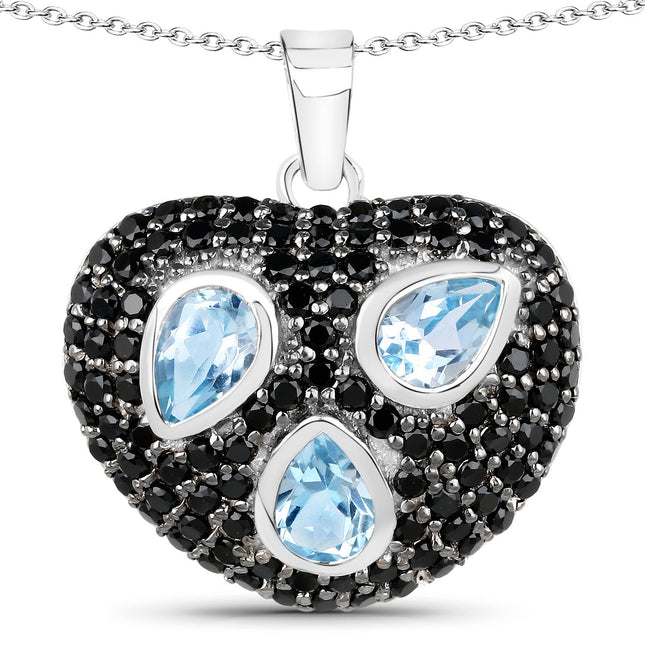 3.52 Carat Genuine Blue Topaz and Black Spinel .925 Sterling Silver Pendant
