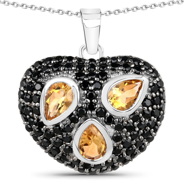 3.19 Carat Genuine Citrine and Black Spinel .925 Sterling Silver Pendant