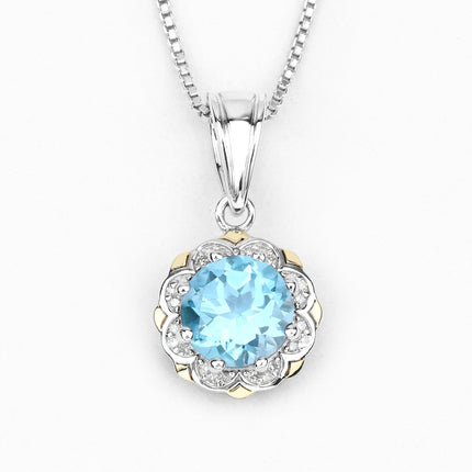 2.32 Carat Genuine Swiss Blue Topaz & White Diamond 14K Yellow Gold with .925 Silver Pendant