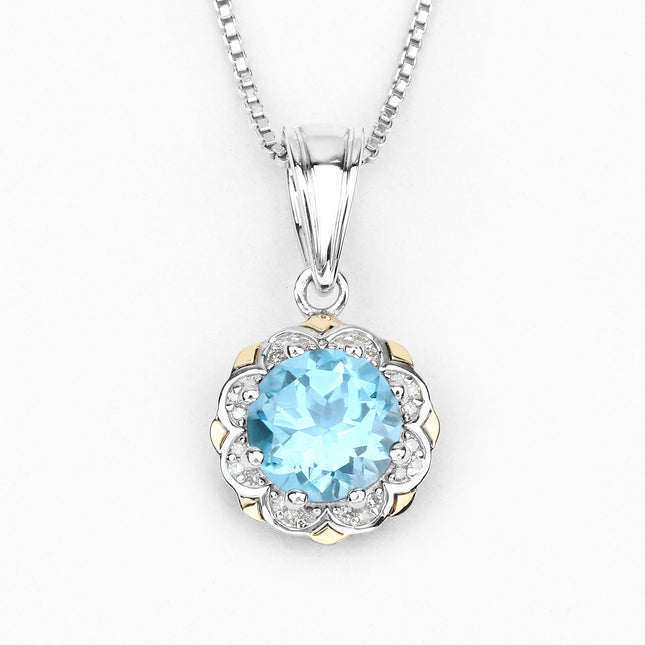 2.32 Carat Genuine Swiss Blue Topaz & White Diamond 14K Yellow Gold with .925 Silver Pendant