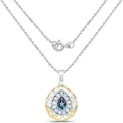 18K Yellow Gold Plate 4.44 Carat Genuine London Blue Topaz & Blue Topaz .925 Sterling Silver Pendant