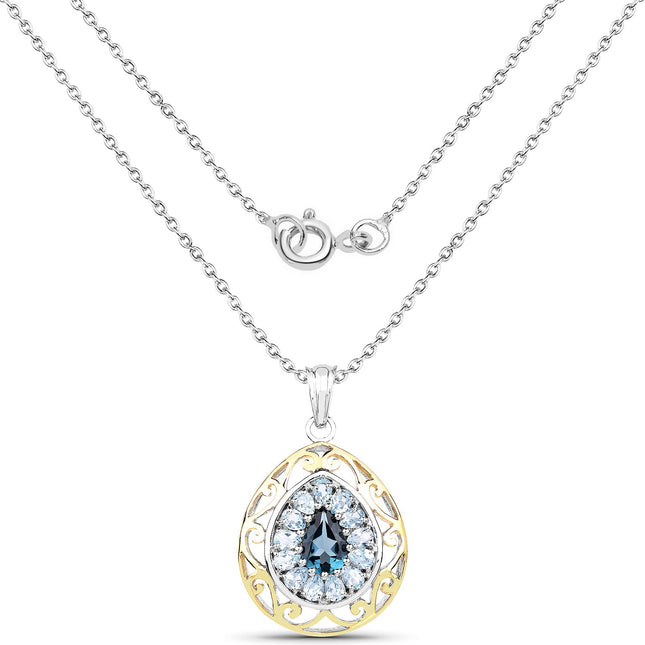18K Yellow Gold Plate 4.44 Carat Genuine London Blue Topaz & Blue Topaz .925 Sterling Silver Pendant