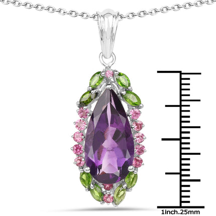 6.22 Carat Genuine Amethyst, Chrome Diopside and Rhodolite .925 Sterling Silver Pendant