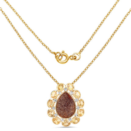 14K Yellow Gold Plated 5.14 Carat Genuine Red Droozi and Citrine .925 Sterling Silver Pendant