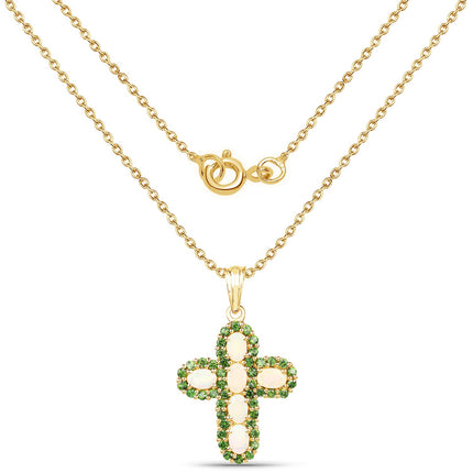 14K Yellow Gold Plate 3.11 Carat Genuine Ethiopian Opal & Chrome Diopside .925 Silver Pendant