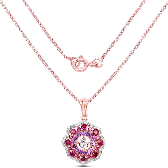 14K Rose Gold Plated 2.30 Carat Genuine Morganite, Rhodolite & Amethyst .925 Sterling Silver Pendant