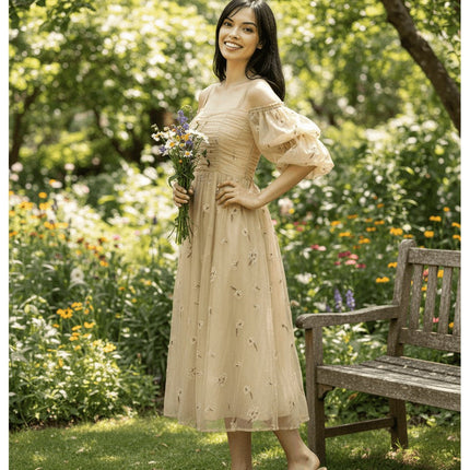 Beautiful New soft yellow Plus Size Autumn Loose Puff Sleeve Pleated Floral Long Sling Dress for Women