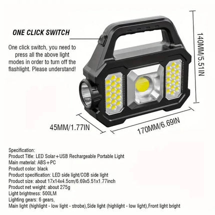 Solar Portable Flashlight & Handheld Searchlight with Side Lights