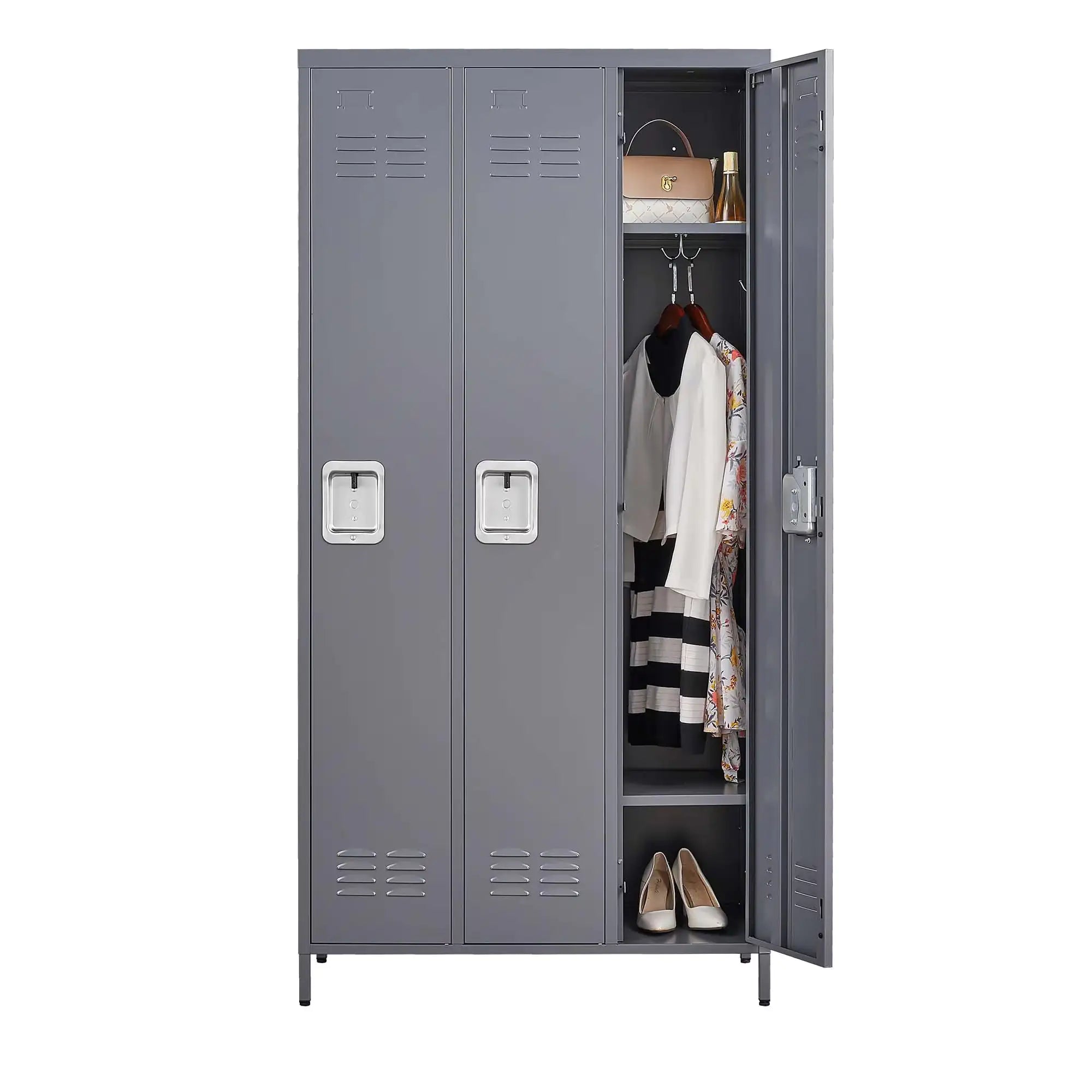 3 Employee Metal Lockers With 72 Inch High Locks, Home Gym Office, School Garage Lockers, Gray
