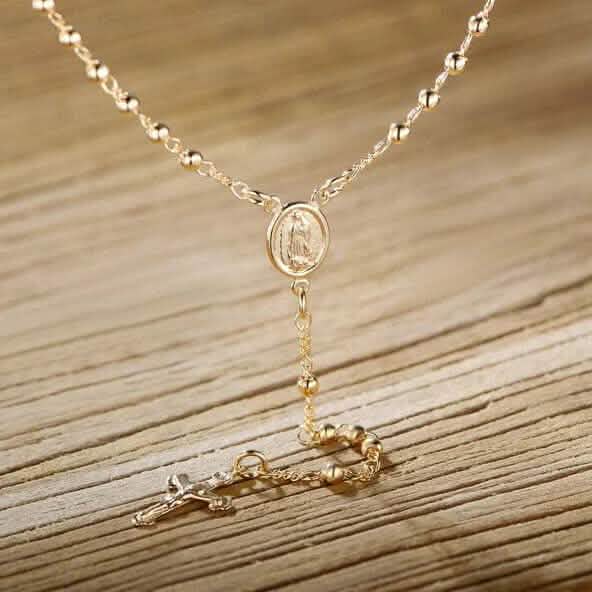 Unisex 14K Gold Virgin Mary Rosary Bead Cross Necklace 18''