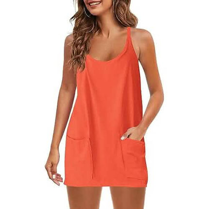 Womens Summer Sleeveless Mini Dress V Neck Spaghetti Strap with Pockets