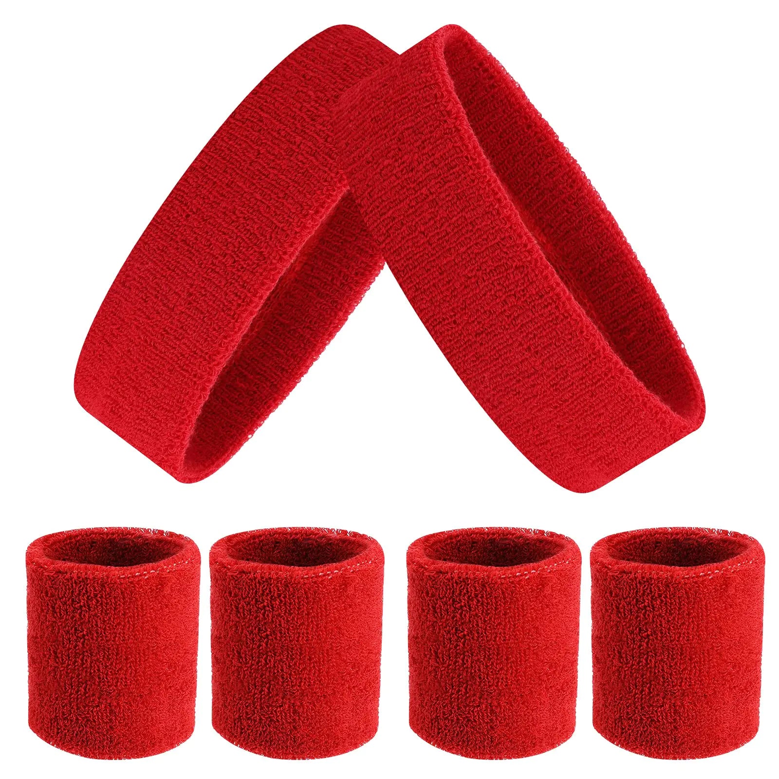 ASTER 6Pieces Red Sweatband Set Sports Headband Wristband Set Including 2Pcs Sports Headband and 4Pcs Sweat Wristband Moisture Wicking Absorbing Red Sweat Band for Men and Women